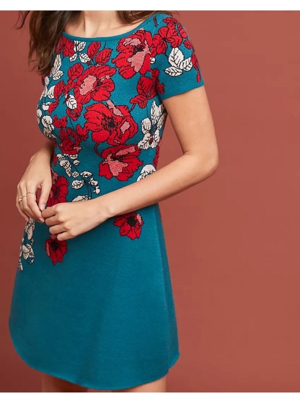 Anthropologie Maeve Allison Poppy Sweater Dress A-Line Teal Red Size Large